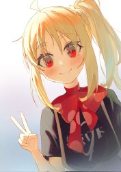 Rule 34 | 1girl, blonde hair, bocchi the rock!, bow, closed mouth, gradient background, highres, ijichi nijika, long hair, looking at viewer, red bow, red eyes, school uniform, side ponytail, sidelocks, smile, solo, suspenders, sweatdrop, tansuan (ensj3875), upper body, v