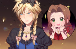Rule 34 | 1boy, 1girl, aerith gainsborough, alternate costume, black bow, blush, bow, braid, cloud strife, crossdressing, dress, embarrassed, final fantasy, final fantasy vii, final fantasy vii remake, hair bow, happy, highres, hmniao, jewelry, necklace, pink bow, smile, sparkle, square enix, trap, twin braids, wall market