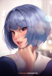 Rule 34 | 1girl, artist name, ayanami rei, blue dress, blue hair, blunt bangs, blurry, blurry background, blush, bob cut, bokeh, close-up, commentary, curled fingers, depth of field, dress, english commentary, evangelion: 3.0+1.0 thrice upon a time, eyelashes, hair strand, halftone texture, hand on own chin, hand on own face, highres, kopianget, lips, looking at viewer, neon genesis evangelion, nose, parted lips, patreon username, pinafore dress, portrait, rebuild of evangelion, red eyes, school uniform, shirt, short hair, sleeveless dress, solo, thick eyebrows, turning head, white shirt