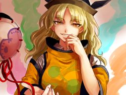 Rule 34 | 1girl, black hat, blonde hair, breasts, drum, fire, grin, hand on own chin, hat, instrument, kuya (hey36253625), long hair, looking at viewer, matara okina, medium breasts, multicolored background, orange eyes, parted bangs, parted lips, simple background, smile, solo, tabard, touhou, tsuzumi, upper body, wide sleeves