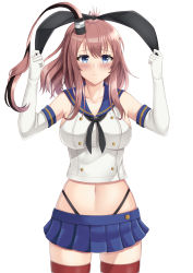 Rule 34 | 1girl, absurdres, alternate costume, black hairband, black panties, blue eyes, blush, breasts, brown hair, cosplay, crop top, elbow gloves, gloves, hair between eyes, hairband, highleg, highleg panties, highres, kantai collection, large breasts, long hair, looking at viewer, microskirt, navel, panties, ponytail, sailor collar, saratoga (kancolle), school uniform, serafuku, shimakaze (kancolle), shimakaze (kancolle) (cosplay), side ponytail, sidelocks, skirt, solo, striped clothes, striped thighhighs, thighhighs, underwear, white gloves, yamato (083)