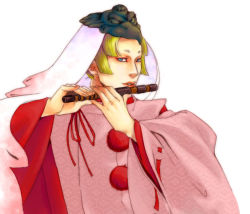 Rule 34 | 1boy, blue eyes, flute, hash880, instrument, japanese clothes, kimono, male focus, mask, ookami (game), solo, ushiwakamaru (ookami), white background
