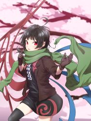Rule 34 | 1girl, ahoge, asymmetrical wings, black hair, black thighhighs, blurry, blurry background, brown jacket, center frills, cherry blossoms, commentary request, depth of field, frills, gloves, goroumaru, green scarf, highres, houjuu nue, jacket, light smile, looking at viewer, parted lips, red eyes, red scarf, scarf, short hair, sleeves past elbows, snake, solo, thighhighs, touhou, wings, winter clothes, zettai ryouiki