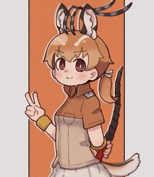 Rule 34 | 1girl, animal ears, brown background, brown eyes, brown hair, extra ears, highres, horns, impala (kemono friends), kemono friends, long hair, looking at viewer, ribbon, shirt, simple background, skirt, solo, sorairo meronpan, tail, twintails, v, weapon, wristband