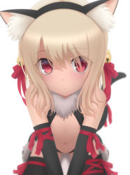 Rule 34 | 1girl, animal ear fluff, animal ears, bare shoulders, bell, black gloves, black thighhighs, blonde hair, blush, breasts, cat ears, cat tail, commentary, dot mouth, elbow gloves, eyes visible through hair, fake animal ears, fate/kaleid liner prisma illya, fate (series), fur collar, gloves, hair bell, hair between eyes, hair ornament, hair ribbon, highres, illyasviel von einzbern, illyasviel von einzbern (beast style), jingle bell, long hair, looking at viewer, navel, official alternate costume, red eyes, red ribbon, ribbon, simple background, siraha, small breasts, solo, tail, thighhighs, thighs, white background