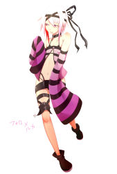 Rule 34 | 1boy, androgynous, ankle boots, artist request, boots, bow, collar, cross, crossdressing, detached sleeves, folo, hair ornament, headband, highres, male focus, million knights vermilion, miniskirt, multicolored hair, navel, parted lips, pink eyes, pink hair, red hair, short hair, simple background, skirt, solo, standing, striped, teeth, translation request, trap, white background, white hair