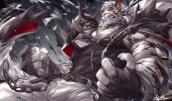 Rule 34 | 1boy, animal ears, arknights, bandaged hand, bandages, bara, belt, black belt, black tank top, bulge, chain, chain necklace, coat, coat on shoulders, covered abs, fighting stance, from below, furry, furry male, highres, large pectorals, looking at viewer, male focus, motion blur, mountain (arknights), muscular, muscular male, necklace, pants, pectoral cleavage, pectorals, rabbity art, scar, scar across eye, scar on face, short hair, sidepec, solo, tank top, tiger boy, tiger ears, white fur, white hair, white pants