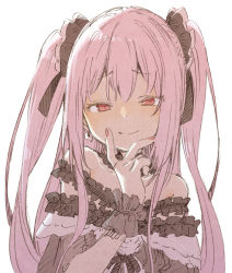 Rule 34 | 1girl, abara heiki, black dress, black ribbon, blush, closed mouth, commentary, detached collar, dress, earrings, frilled dress, frills, hair ribbon, half-closed eyes, hand on own chin, hololive, jewelry, long hair, looking at viewer, nail polish, off-shoulder dress, off shoulder, pink hair, red nails, ribbon, simple background, skull earrings, smile, solo, traditional media, two side up, upper body, uruha rushia, uruha rushia (3rd costume), virtual youtuber, white background, wrist cuffs