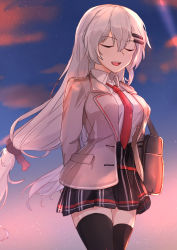 Rule 34 | 1girl, absurdres, alternate costume, arms behind back, bag, black skirt, black thighhighs, blazer, breasts, brown jacket, closed eyes, feet out of frame, girls&#039; frontline, grey hair, hair ornament, hairclip, highres, jacket, loafers, long hair, long sleeves, low twintails, miniskirt, muteppona hito, necktie, open mouth, plaid, plaid skirt, red necktie, school bag, school uniform, shirt, shoes, skirt, solo, standing, svd (girls&#039; frontline), thighhighs, twintails, upper body, walking, white shirt