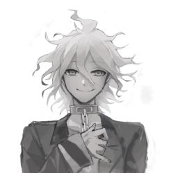 Rule 34 | 1boy, chain, closed mouth, collar, commentary request, danganronpa (series), danganronpa another episode: ultra despair girls, grey background, grey hair, greyscale, hair between eyes, jacket, komaeda nagito, long sleeves, looking at viewer, male focus, messy hair, metal collar, monochrome, ppiyag bij, servant (danganronpa), shirt, simple background, smile, solo, striped clothes, striped shirt, upper body, white background