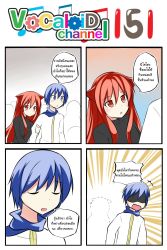Rule 34 | ^^^, 1boy, 1girl, 4koma, animal ears, holding another&#039;s arm, blue eyes, blue hair, cat ears, catstudioinc (punepuni), comic, commentary request, dotted line, emphasis lines, highres, holding own arm, kaito (vocaloid), left-to-right manga, long hair, original, puni (miku plus), red eyes, red hair, scarf, shaded face, thai text, translation request, vocaloid