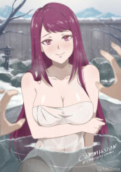 Rule 34 | 1girl, absurdres, bare shoulders, bath, bathing, blush, breasts, cleavage, fire emblem, fire emblem engage, groping motion, happy, highres, imminent breast grab, imminent grope, ivy (fire emblem), large breasts, long hair, looking at viewer, mole, mole under mouth, naked towel, nintendo, pov, purple eyes, purple hair, smile, solo focus, tak0baka, towel, very long hair, water, wet, white towel