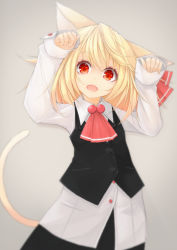 Rule 34 | 1girl, animal ears, blonde hair, blush, cat ears, cat tail, fang, hair ribbon, highres, maru-pen, open mouth, red eyes, ribbon, rumia, short hair, skirt, smile, solo, tail, touhou