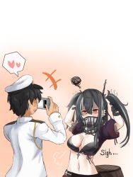 Rule 34 | +++, 1boy, 1girl, :d, absurdres, adjusting hair, alternate hairstyle, arms up, azur lane, barrel, black hair, black tank top, blush, breasts, camera, cleavage, commander (azur lane), commentary request, eyes visible through hair, gradient background, hat, heart, highres, holding, large breasts, leogust, long hair, looking at another, midriff, military, military uniform, naval uniform, navel, open mouth, peaked cap, red eyes, shaded face, sidelocks, sigh, simple background, smile, spoken heart, taking picture, tank top, twintails, u-47 (azur lane), u-47 (eigenen raum) (azur lane), uniform