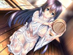Rule 34 | 1girl, amakano, azarashi soft, barrel, black hair, blue eyes, blush, breasts, covered erect nipples, dutch angle, game cg, heavy breathing, highres, kneeling, large breasts, long hair, piromizu, see-through silhouette, solo, steam, takayashiro sayuki, water, wet, wet clothes, wooden floor, wooden wall