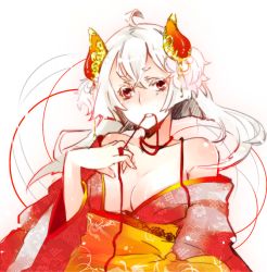 Rule 34 | 1girl, albino, blush, breasts, cleavage, colored eyelashes, eyelashes, hair ornament, horns, japanese clothes, kimono, large breasts, long hair, mouth hold, original, red eyes, ribbon, solo, tensui (yumemoyou), white hair