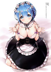 Rule 34 | 1girl, absurdres, apron, ayamy, bare arms, bare shoulders, black dress, black ribbon, blue eyes, blue hair, blush, bow, bowtie, breasts, circle skirt, cleavage, closed mouth, detached collar, dress, frilled dress, frills, from above, full body, gradient background, hair between eyes, hair ornament, hands up, headdress, highres, kneeling, large breasts, lips, looking at viewer, looking up, maid, maid apron, re:zero kara hajimeru isekai seikatsu, rem (re:zero), ribbon, roswaal mansion maid uniform, scan, shiny skin, short hair, sidelocks, simple background, sitting, sleeveless, sleeveless dress, smile, solo, strap pull, underbust, waist apron, x hair ornament