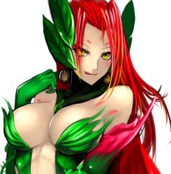 Rule 34 | 1girl, bare shoulders, breasts, detached collar, elbow gloves, gloves, hair ornament, kumiko shiba, large breasts, leaf, leaf hair ornament, league of legends, licking lips, long hair, monster girl, plant girl, red hair, solo, tongue, tongue out, upper body, yellow eyes, zyra