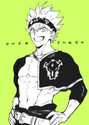 Rule 34 | 1boy, abs, ahoge, artist name, asta (black clover), belt, black bulls (emblem), black capelet, black clover, black headband, capelet, detached sleeves, green background, hands on own hips, headband, long bangs, looking at viewer, lowres, male focus, muscular, muscular male, onegingek, open mouth, pants, pectorals, simple background, smile, solo, spiked hair