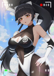 Rule 34 | 1girl, :o, absurdres, azur lane, bare shoulders, bird, black hair, black leotard, blue sky, bodystocking, bow, breasts, cleavage, cleavage cutout, clothing cutout, cloud, cloudy sky, covered navel, cowboy shot, day, elbow gloves, fingerless gloves, from below, gloves, hair bow, hair flaps, hand on own hip, high ponytail, highleg, highleg leotard, highres, holding, holding umbrella, large breasts, leotard, long hair, looking at viewer, multicolored leotard, navel cutout, official alternate costume, open mouth, orange eyes, outdoors, parted lips, ponytail, race queen, recording, sky, solo, standing, sunlight, takao (azur lane), takao (full throttle charmer) (azur lane), tttao, two-tone leotard, umbrella, very long hair, white bow, white gloves, white leotard