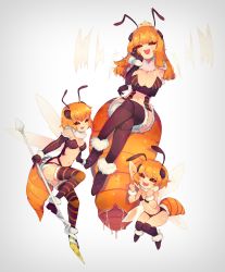 Rule 34 | 3girls, antennae, bee girl, benzbt, breast hold, breasts, cleavage, crown, female focus, flat chest, flying, highres, arthropod girl, large breasts, crossed legs, long hair, medium breasts, milia wars, monster girl, multiple girls, navel, no pupils, open mouth, orange hair, polearm, red eyes, short hair, simple background, smile, spear, thighhighs, weapon, white background, wings
