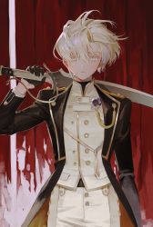 Rule 34 | 1girl, absurdres, androgynous, black gloves, black jacket, commentary, cowboy shot, epaulettes, gloves, half gloves, highres, holding, holding sword, holding weapon, jacket, long sleeves, looking at viewer, migumi, military, military uniform, original, over shoulder, pants, platinum blonde hair, red background, shirt, short hair, solo, sword, sword over shoulder, uniform, weapon, weapon over shoulder, white pants, white shirt, yellow eyes