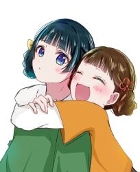 2girls blue_eyes brown_hair closed_eyes green_hair hair_ornament highres hug hug_from_behind kusuriya_no_hitorigoto maomao_(kusuriya_no_hitorigoto) multiple_girls open_mouth sakana_98lv smile xiaolan_(kusuriya_no_hitorigoto)