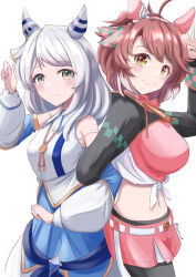 2girls absurdres ahoge becherry breasts brown_eyes brown_hair closed_mouth dantsu_flame_(umamusume) detached_sleeves grey_hair hair_ornament hairband highres hishi_miracle_(umamusume) horse_girl large_breasts looking_at_viewer medium_breasts medium_hair midriff multiple_girls pantyhose simple_background smile twitter_username umamusume white_background