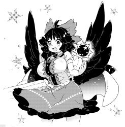 Rule 34 | 1girl, arm cannon, bird wings, black hair, black sun, black wings, blouse, breasts, buttons, center frills, collared shirt, control rod, frilled shirt collar, frilled skirt, frills, greyscale, large breasts, long hair, monochrome, puffy short sleeves, puffy sleeves, reiuji utsuho, shirt, short sleeves, skirt, solo, sun, tanasuke, third eye, touhou, weapon, white shirt, wings