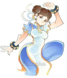 Rule 34 | absurdres, bracelet, brown eyes, brown hair, capcom, chinese clothes, chun-li, double bun, earrings, hair bun, hair ribbon, highres, jewelry, ribbon, simple background, split mouth, street fighter, white background, zipskyblue
