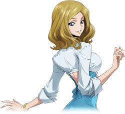 Rule 34 | 1girl, artist request, back, backless dress, backless outfit, blonde hair, blue dress, blue eyes, blue shirt, bracelet, breasts, code geass, code geass: lost stories, crop top, dress, female focus, from behind, game cg, hand up, happy, jewelry, long sleeves, looking at viewer, looking back, medium breasts, medium hair, milly ashford, non-web source, official art, parted bangs, parted lips, shirt, sidelocks, simple background, smile, solo, standing, teeth, transparent background, upper body