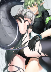 Rule 34 | 2girls, ahoge, arknights, arm around shoulder, armband, ass, bare shoulders, bikini, black bikini, black gloves, black hair, black shorts, blush, bracelet, breasts, closed mouth, crocodilian tail, eyes visible through hair, from behind, from below, gavial (arknights), gavial (combat medic) (arknights), gloves, green hair, grey hair, hair over one eye, hand on own chest, highres, infection monitor (arknights), jewelry, large breasts, large tail, leg up, long hair, looking at viewer, looking back, material growth, medium breasts, multicolored hair, multiple girls, nose blush, official alternate costume, oripathy lesion (arknights), pointy ears, seto tinami, short sleeves, shorts, smile, spread legs, standing, standing on one leg, streaked hair, swimsuit, tail, thighhighs, tomimi (arknights), torn clothes, torn thighhighs, two-tone hair, underboob, v-shaped eyebrows, yellow eyes, yuri