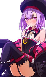 Rule 34 | 1girl, bare shoulders, black pantyhose, black thighhighs, blush, breasts, closed mouth, commentary request, detached sleeves, fate/grand order, fate (series), hat, helena blavatsky (fate), helena blavatsky (third ascension) (fate), highres, himo, looking at viewer, off shoulder, pantyhose, purple eyes, purple hair, short hair, simple background, sketch, small breasts, smile, solo, thighhighs, white background