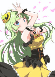 Rule 34 | 1girl, ahoge, arm up, armband, armpits, black armband, black ribbon, black scrunchie, blue eyes, blush, breasts, cowboy shot, dot nose, dress, earrings, falling petals, flower, frilled dress, frills, from side, green hair, hand up, hat, hat flower, hat ribbon, idolmaster, idolmaster million live!, idolmaster million live! theater days, jewelry, long hair, looking at viewer, medium breasts, mini hat, open hands, orange ribbon, parted lips, pearl armlet, petals, ribbon, scrunchie, shimabara elena, shinomiyabi, simple background, sleeveless, sleeveless dress, solo, standing, tristar vision, two-tone dress, white background, wrist scrunchie, yellow flower, yellow hat