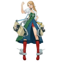 Rule 34 | 1girl, aircraft, airplane, bearn (victory belles), biplane, blonde hair, blue eyes, bottle, breasts, cleavage, full body, machinery, official art, saber (weapon), salmon88, shorts, simple background, solo, standing, sword, victory belles, weapon, white background, wine bottle