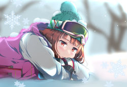 Rule 34 | 1girl, absurdres, aqua hat, bare tree, blunt bangs, blurry, blurry background, blush, brown hair, coat, day, gloves, goggles, goggles on head, hat, highres, hood, hood down, lying, on stomach, original, outdoors, pink coat, pout, red eyes, snow, snow on body, snow on head, snowflakes, solo, tree, user eshu4854
