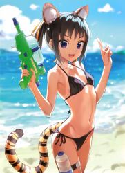 Rule 34 | 1girl, :d, absurdres, animal ears, beach, bikini, black hair, blurry, blurry background, breasts, cowboy shot, day, depth of field, extra ears, fangs, finger on trigger, hair ribbon, halterneck, highres, index finger raised, kawakami rokkaku, looking at viewer, medium hair, navel, ocean, one-piece tan, open mouth, outdoors, petite, purple eyes, ribbon, scan, side-tie bikini bottom, small breasts, smile, solo, swimsuit, tail, tan, tanline, thigh strap, tiger ears, tiger tail, toranoana, twintails, water, water gun