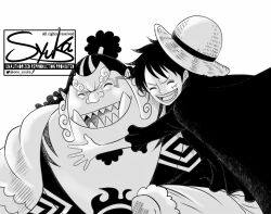 Rule 34 | 2boys, ^ ^, cape, closed eyes, commentary request, facial hair, goatee, greyscale, happy, hood, hooded cape, hug, japanese clothes, jinbe (one piece), kimono, male focus, monkey d. luffy, monochrome, multiple boys, one piece, one syuka, ponytail, scar, scar on face, sharp teeth, short hair, shorts, signature, simple background, teeth, thick eyebrows, tusks, twitter username