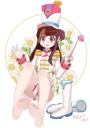 Rule 34 | 1girl, barefoot, boots, brown hair, feet, hat, highres, kagari atsuko, light blush, little witch academia, long hair, looking at viewer, open mouth, panties, pantyshot, pink eyes, shoes, soles, stocking (artist), toes, underwear, unworn boots, unworn shoes