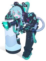 Rule 34 | 1girl, ahoge, android, aqua eyes, aqua hair, aqua necktie, backpack, bag, bare shoulders, bellabot, bent over, black sleeves, bright pupils, cable hair, cheri zao, cup, detached sleeves, full body, hatsune miku, highres, holding, holding cup, joints, long hair, mechanical parts, miniskirt, necktie, number tattoo, robot girl, robot joints, see-through, see-through skirt, see-through sleeves, shirt, simple background, skirt, sleeveless, sleeveless shirt, solo, tattoo, tearing up, uriko (baseball), very long hair, vocaloid, white background, white pupils