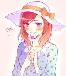 Rule 34 | 10s, 1girl, bad id, beige background, blush, character name, collarbone, dress, flower, hat, highres, holding, looking at viewer, looking away, love live!, love live! school idol project, nemuhito, nishikino maki, plant, print dress, purple eyes, red hair, short hair, simple background, smile, sun hat, upper body
