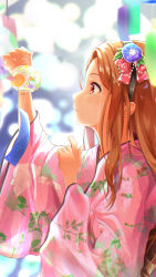 Rule 34 | 1girl, arm up, black hairband, blue flower, blurry, blurry background, breasts, brown hair, commentary, floral print, floral print kimono, flower, from side, hair flower, hair ornament, hairband, hand up, highres, holding, idolmaster, idolmaster (classic), idolmaster million live!, idolmaster million live! theater days, japanese clothes, kimono, long hair, long sleeves, looking at another, minase iori, morning glory print, nagmilk, parted lips, pink kimono, red eyes, red ribbon, ribbon, small breasts, solo, tanabata, tanzaku, upper body, wide sleeves, wind chime