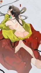 Rule 34 | 1girl, ass, bare legs, barefoot, breasts, breasts out, butt crack, eye mask, flower, full body, green eyes, grey background, hair flower, hair knot, hair ornament, highres, long hair, looking back, lying, on stomach, original, solo, xiao shi bu shi yue