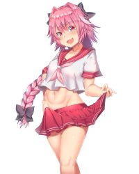 Rule 34 | 1boy, :d, astolfo (fate), astolfo (sailor paladin) (fate), bad id, bad pixiv id, black bow, black ribbon, blush, bow, braid, bulge, collarbone, erection, erection under clothes, fang, fate/apocrypha, fate/grand order, fate (series), floating hair, groin, hair between eyes, hair bow, hair intakes, hair ribbon, hand on own hip, head tilt, highres, lelick, long hair, looking at viewer, male focus, midriff, miniskirt, multicolored hair, navel, neckerchief, official alternate costume, open mouth, pink hair, pink neckerchief, pleated skirt, purple eyes, red sailor collar, red skirt, ribbon, sailor collar, school uniform, serafuku, shiny skin, short sleeves, sidelocks, simple background, single braid, skirt, skirt hold, smile, solo, standing, stomach, streaked hair, trap, very long hair, white background, white hair