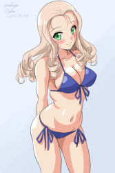Rule 34 | 1girl, arms behind back, artist name, bikini, blonde hair, blue bikini, blush, breasts, cleavage, closed mouth, commentary, cowboy shot, dated, drill hair, front-tie bikini top, front-tie top, girls und panzer, green eyes, head tilt, leaning forward, long hair, looking at viewer, marie (girls und panzer), matsui yasutsugu, medium breasts, navel, one-hour drawing challenge, reiwa, side-tie bikini bottom, signature, simple background, skindentation, smile, solo, standing, swimsuit