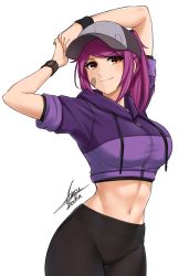 Rule 34 | 1girl, airisubaka, arms up, artist name, bandaid, bandaid on face, baseball cap, black pants, breasts, brown eyes, commentary, cowboy shot, crop top, cropped hoodie, drawstring, english commentary, groin, hat, highres, hood, hood down, hoodie, large breasts, leah (airisubaka), looking at viewer, midriff, navel, original, pants, ponytail, purple hair, purple hoodie, simple background, sleeves rolled up, smile, solo, twitter username, white background, wristband