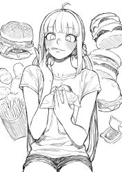 Rule 34 | 1girl, :p, ahoge, blunt bangs, blush, burger, chicken nuggets, food, french fries, greyscale, haioku colonel, highres, long hair, monochrome, original, scrunchie, shorts, simple background, smile, tongue, tongue out, twintails
