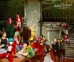 Rule 34 | 6+boys, 6+girls, antlers, aqua hair, arm support, ass, bare back, black eyes, black gloves, black hair, blonde hair, boots, bow, bowtie, box, brown hair, camera, centauroid, center opening, christmas, christmas ornaments, christmas tree, closed eyes, coat, dress, fireplace, formal, gift, gift box, gloves, green hair, hair over eyes, hand on own hip, head rest, hood, hoodie, horns, indoors, knee boots, koaki, long sleeves, looking at another, merry christmas, monster boy, mouth hold, multiple boys, multiple girls, outstretched arm, pink hair, plant, potted plant, profile, purple eyes, red dress, reindeer, sack, santa costume, scarf, short hair, short sleeves, silver hair, sitting, source, stairs, standing, talking, tank top, taur, thighhighs, traditional bowtie, tree, tripping, twintails, v, window, yellow scarf