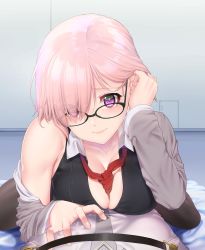 Rule 34 | 1boy, 1girl, absurdres, black-framed eyewear, black pantyhose, breast press, breasts, cleavage, closed mouth, collared shirt, eyes visible through hair, fate/grand order, fate (series), glasses, highres, hisayaki kyuu, indoors, large breasts, lips, looking at viewer, lying, mash kyrielight, off shoulder, on stomach, pantyhose, pink hair, pov, purple eyes, shirt, short hair, sleeveless, sleeveless shirt, smile, solo focus