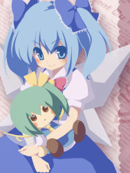 Rule 34 | 1girl, alternate hairstyle, bad id, bad pixiv id, blue eyes, bow, brown eyes, character doll, cirno, daiyousei, doll, female focus, green hair, hair bow, minato0618, short hair, smile, solo, touhou, twintails, wings